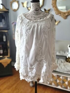 Boho Sheer Lace Peasant Top XL